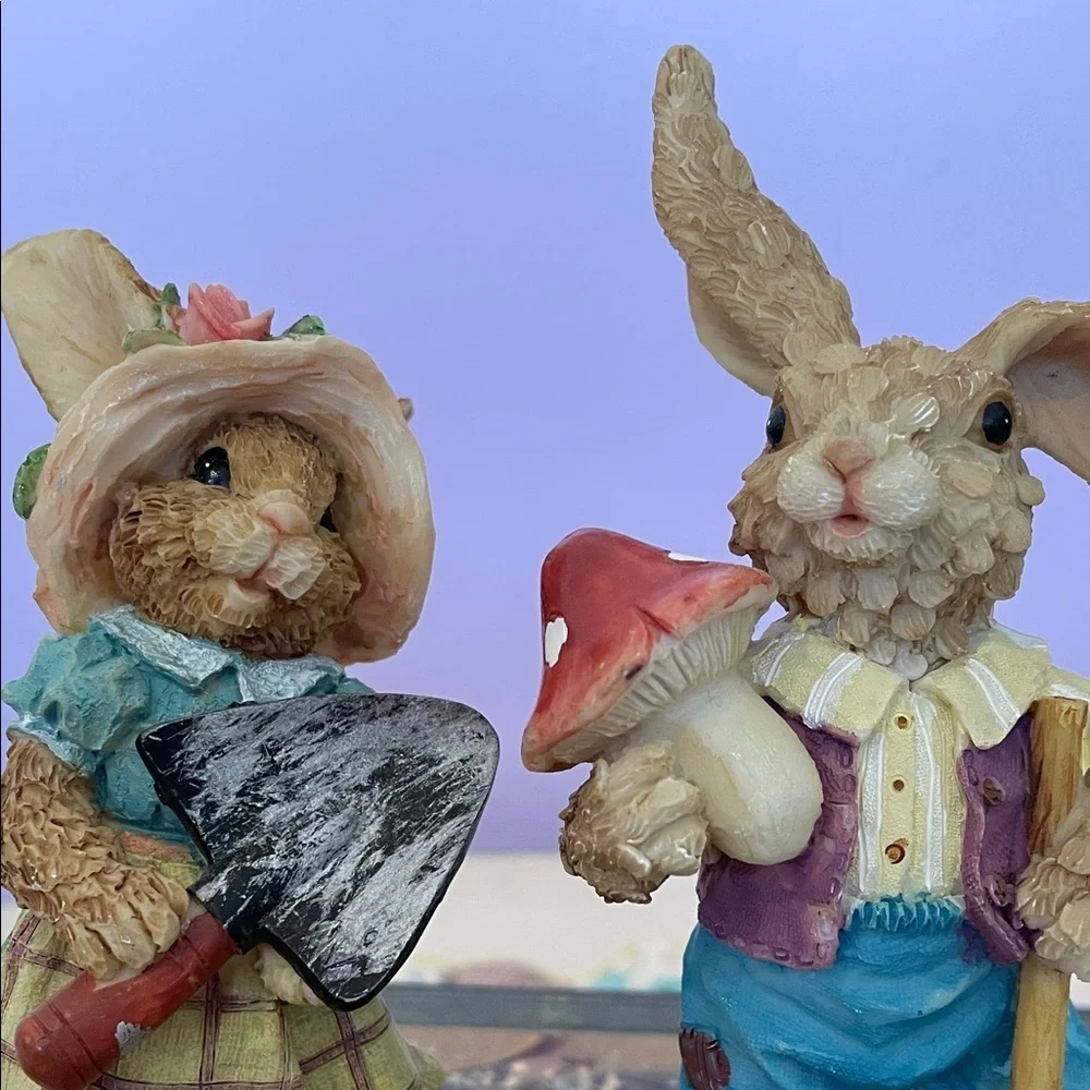 Charming Bunny Figurines with Garden Tools